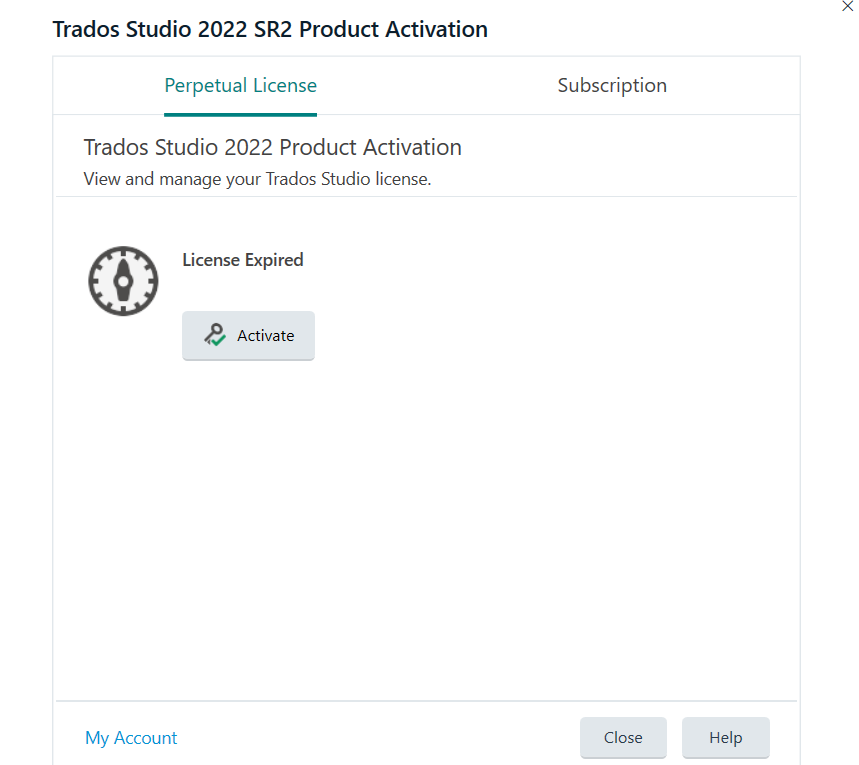 Error message in Trados Studio 2022 SR2 Product Activation window stating 'License Expired' with an 'Activate' button below.