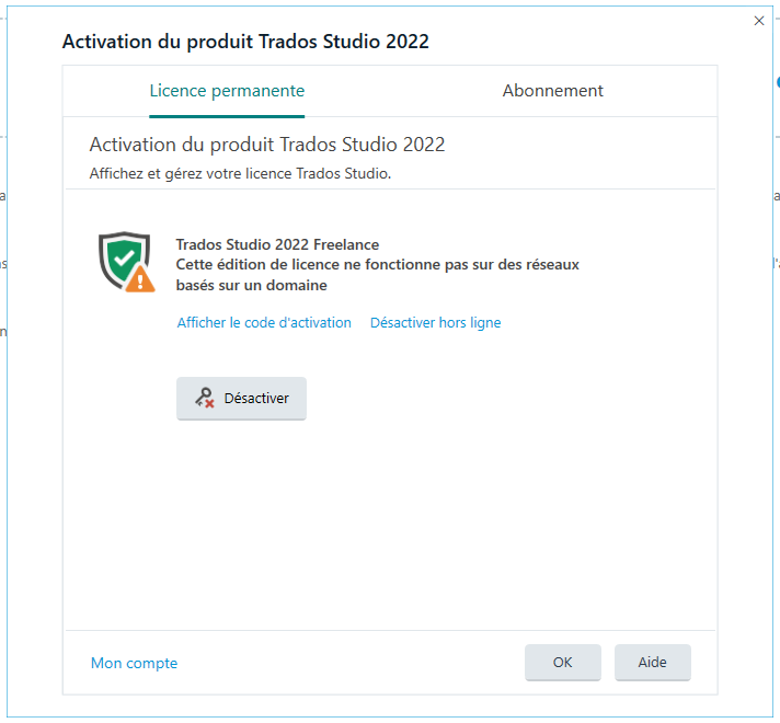 Trados Studio 2022 activation window showing an error message that the Freelance license edition does not work on domain-based networks with options to show activation code, deactivate offline, and a deactivate button.