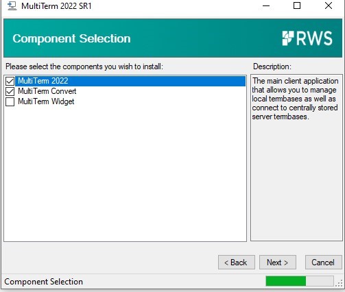 Screenshot of MultiTerm 2022 SR1 installation window, showing Component Selection with MultiTerm 2022, MultiTerm Convert, and MultiTerm Widget options. MultiTerm 2022 is checked.