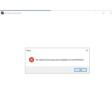 Error message in Passolo Product Activation window reading 'No network licensing server available on host PASSOLO' with an OK button.