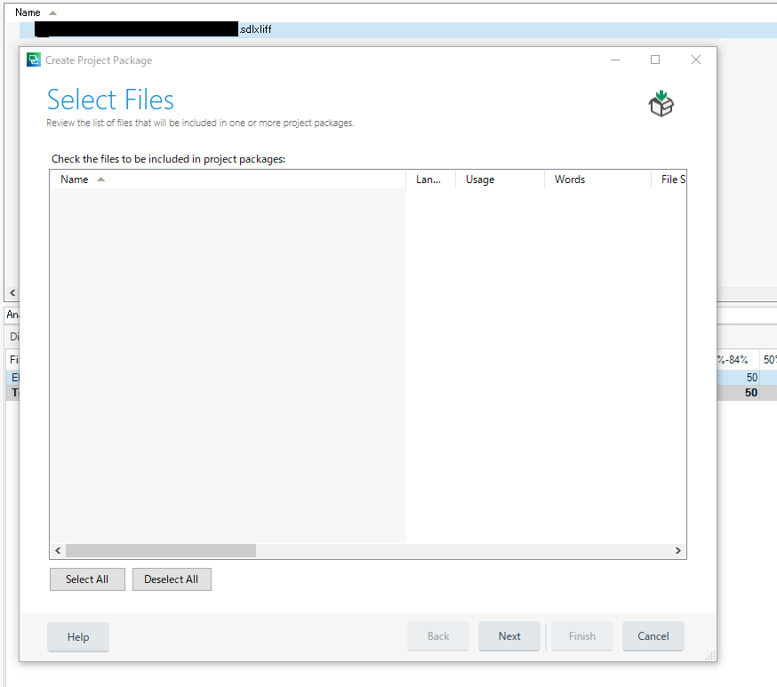 Trados Studio 2021 Create Project Package window showing an empty Select Files list with no files displayed despite the presence of .sdlxliff files in the directory.