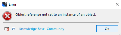 Error message in Trados Studio 2022 stating 'Object reference not set to an instance of an object.' with Knowledge Base and Community links.