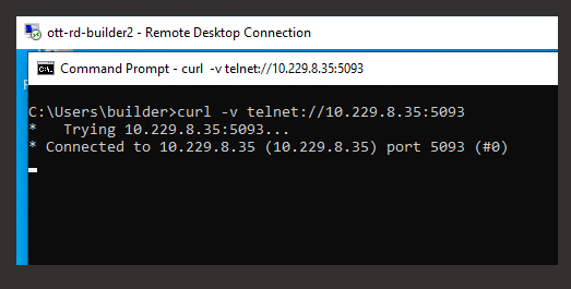 Command Prompt window showing successful connection to Passolo server on port 5093 from ott-rd-builder2.