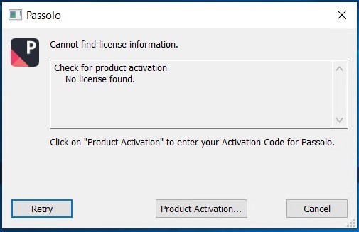 Error message in Passolo stating 'Cannot find license information' with options to Retry, Product Activation, or Cancel.