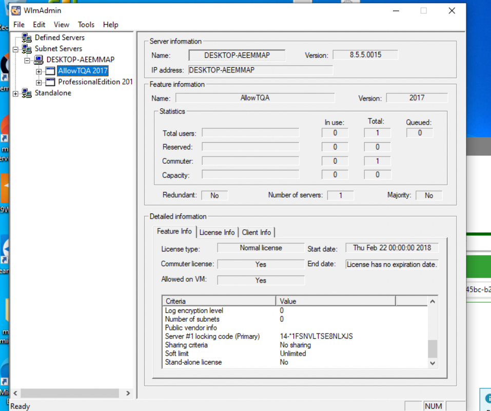 Screenshot of WlmAdmin showing server information for DESKTOP-AEEMMAP with version 8.5.5.0015 and feature information for SDL Trados Studio 2017 Professional Edition. No licenses in use or queued.