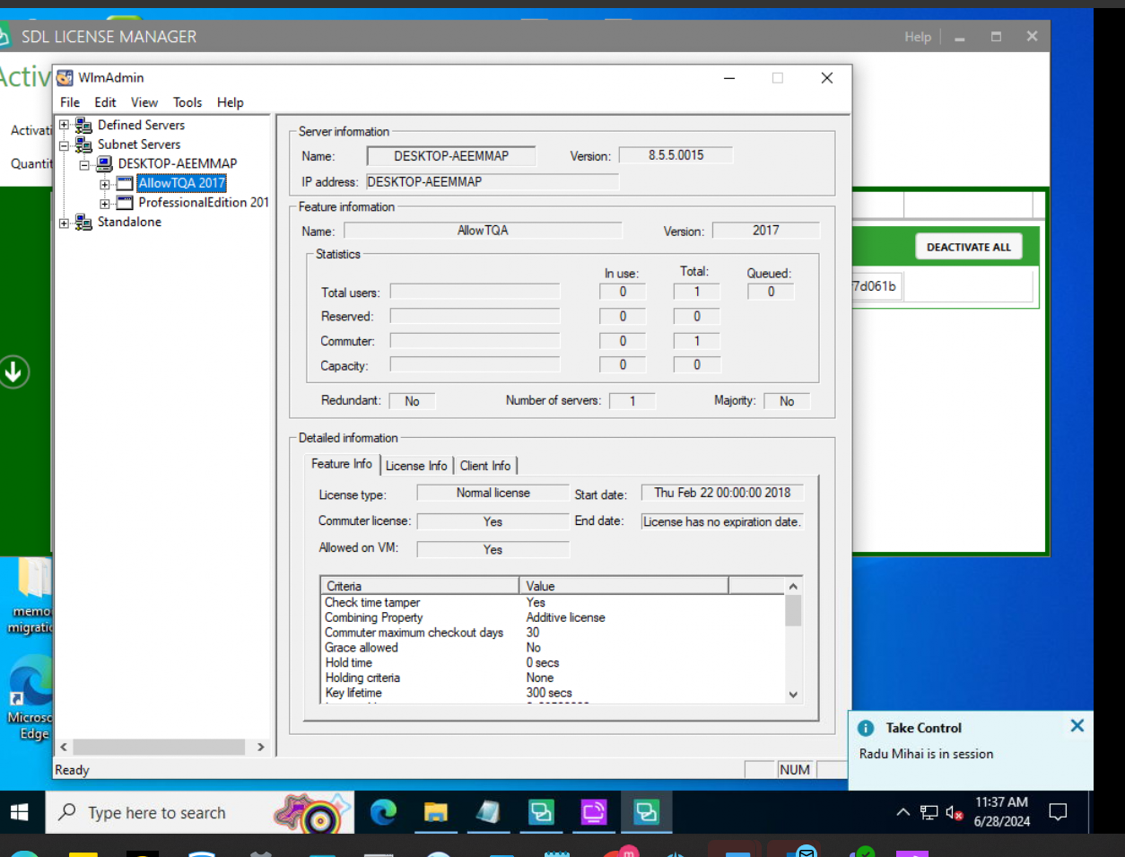 SDL License Manager window with server information for DESKTOP-AEEMMAP, version 8.5.5.0015. Feature 'AllowTQA 2017' selected, showing no licenses in use. 'DEACTIVATE ALL' button highlighted.