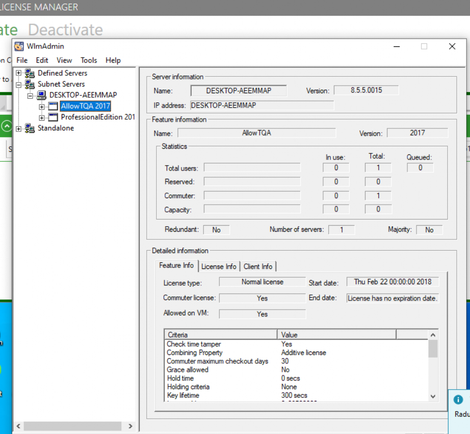 SDL License Manager window showing server information for DESKTOP-AEEMMAP, version 8.5.5.0015. Feature 'AllowTQA 2017' selected, with no licenses in use or queued.