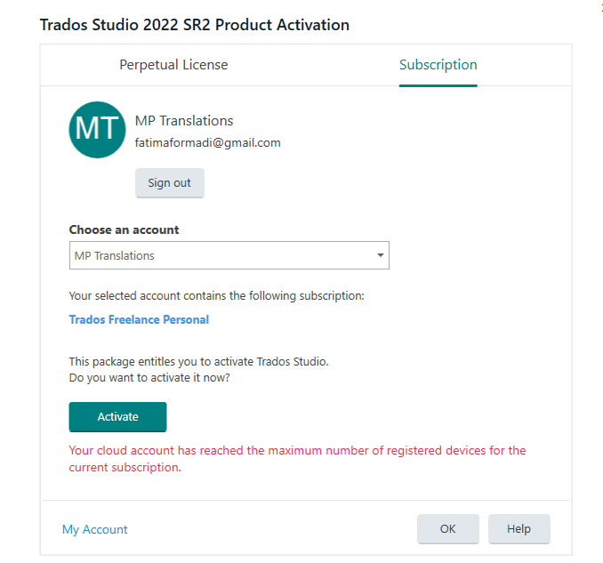 Screenshot of Trados Studio 2022 SR2 Product Activation screen showing a Subscription tab selected. An error message reads 'Your cloud account has reached the maximum number of registered devices for the current subscription.'