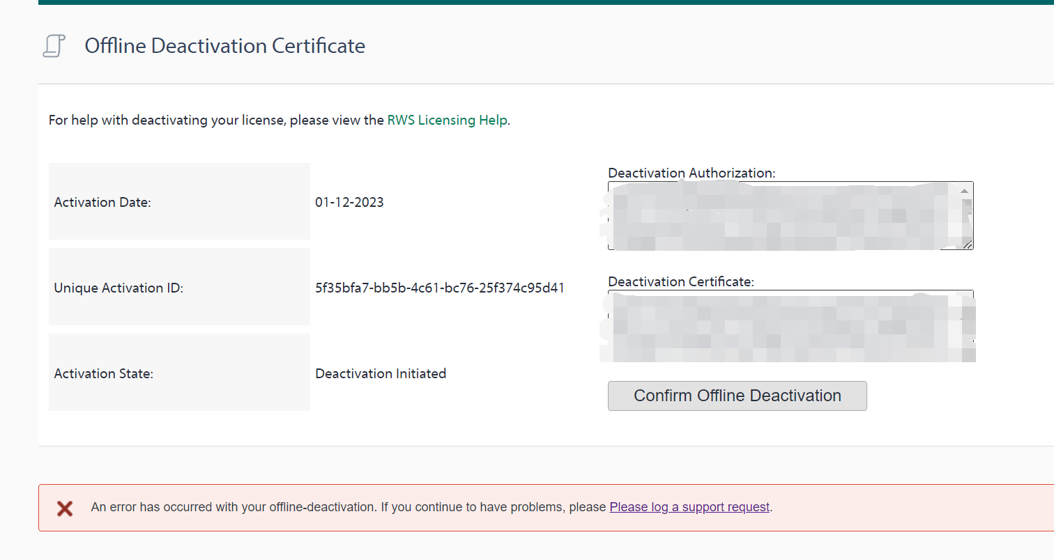 Trados Studio Offline Deactivation Certificate page showing an error message 'An error has occurred with your offline-deactivation. Please log a support request.'