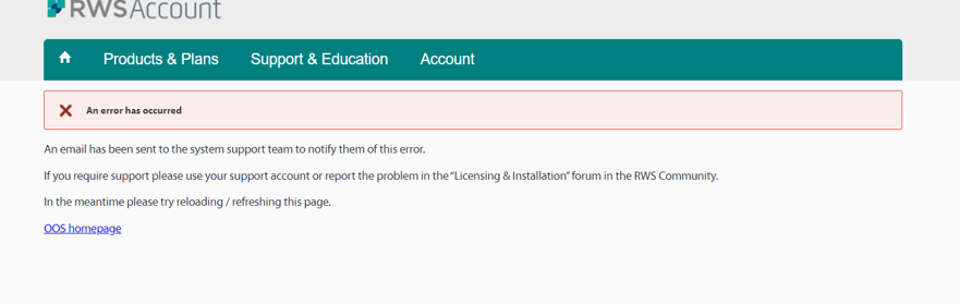 Error notification on RWS Account page stating 'An error has occurred' with instructions to reload the page and a link to the RWS homepage.