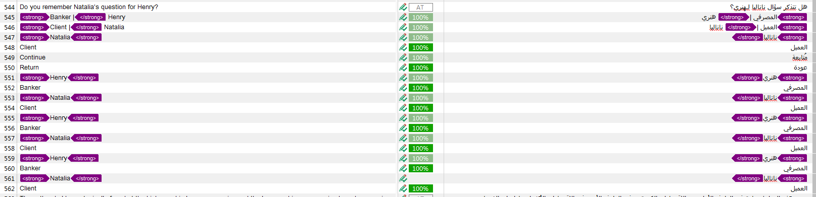 Screenshot of Trados Studio showing English to Arabic translation with inconsistent tag direction, some tags are reversed.