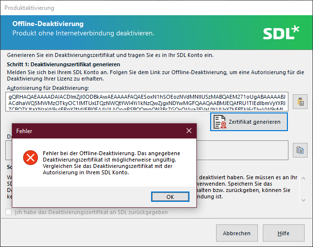 Offline deactivation window for SDL Trados Studio with a generated deactivation certificate and an error message stating 'Error in offline deactivation. The provided deactivation certificate is possibly invalid. Compare the deactivation certificate with the authorization in your SDL account.'