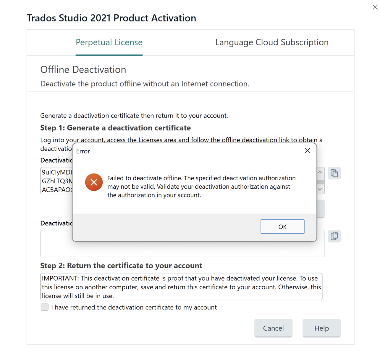 Trados Studio 2021 Product Activation window showing an error message 'Failed to deactivate offline. The specified deactivation authorization may not be valid.'