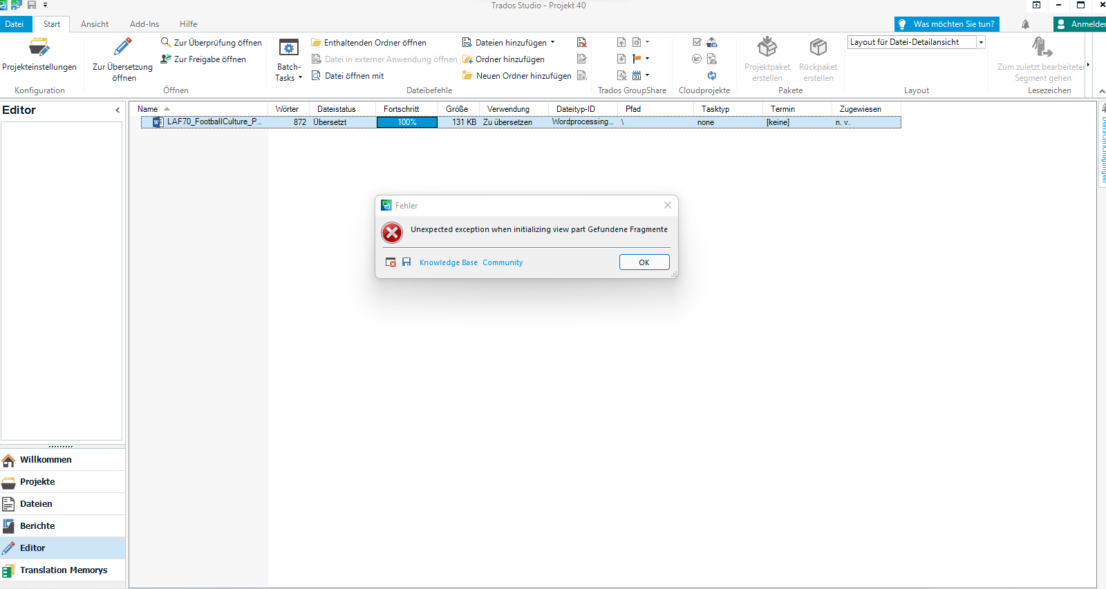 Trados Studio error message dialog box reading 'Unexpected exception when initializing view part Gefundene Fragmente' with an 'OK' button.