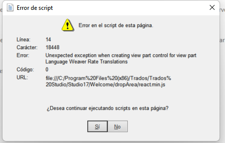 Error de script dialog box with a warning icon indicating an unexpected exception when creating view part control for Language Weaver Rate Translations. Options to continue or stop executing scripts.