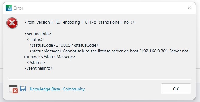 Error dialog box showing XML code with a message 'Cannot talk to the license server on host 192.168.0.30. Server not running', indicating Trados Studio initialization failure.