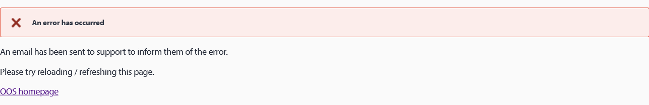Error message on Trados Studio license activation page stating 'An error has occurred' with instructions to reload the page and a link to the homepage.
