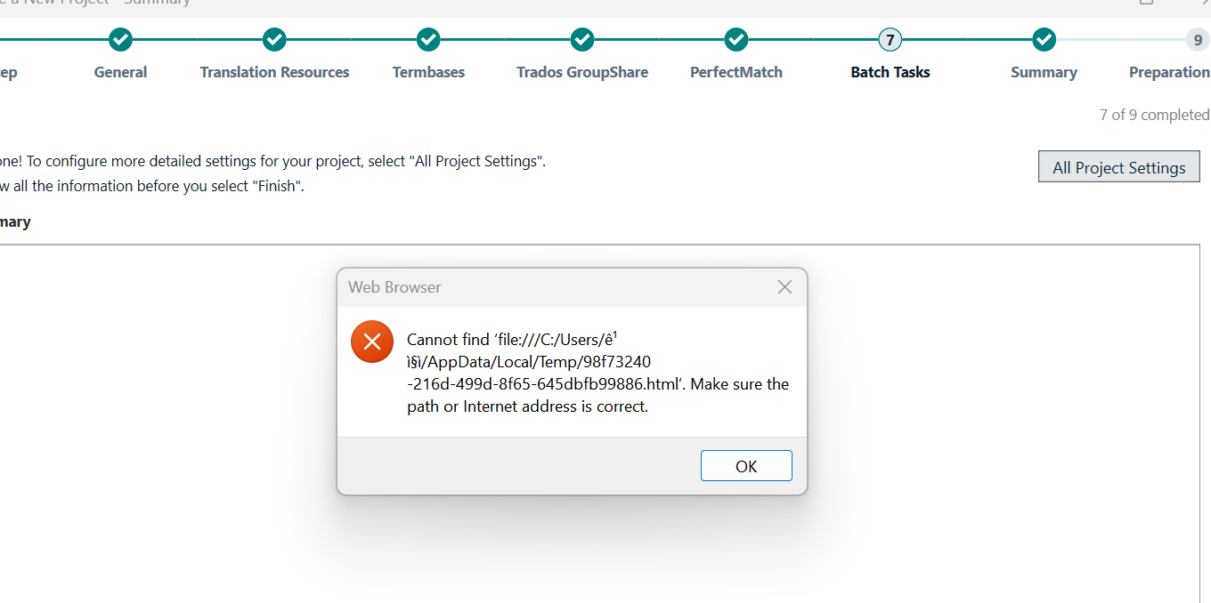 Error message in Trados Studio saying 'Cannot find file... Make sure the path or Internet address is correct.' with an OK button.