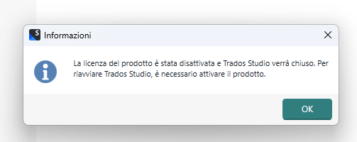 Information dialog box stating 'The product license has been deactivated and Trados Studio will be closed. To restart Trados Studio, it is necessary to activate the product.' with an OK button.