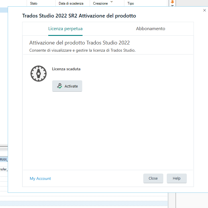 Trados Studio 2022 SR2 Product Activation window showing an expired license with an 'Activate' button.