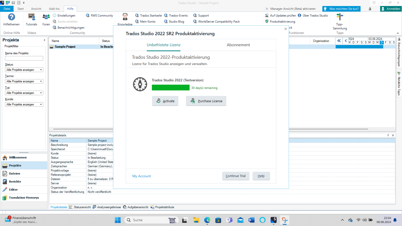 Screenshot of Trados Studio 2022 SR2 Product Activation window with a sample project open. The window shows options to activate, purchase a license, or continue the trial with 30 days remaining.