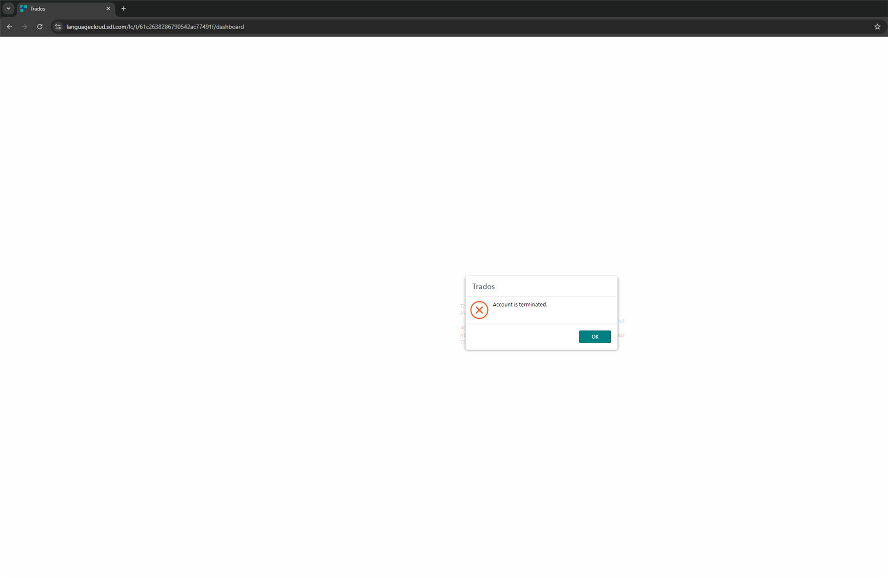 Screenshot of a Trados error message pop-up saying 'Account is terminated.' with an OK button, on the Language Cloud dashboard.