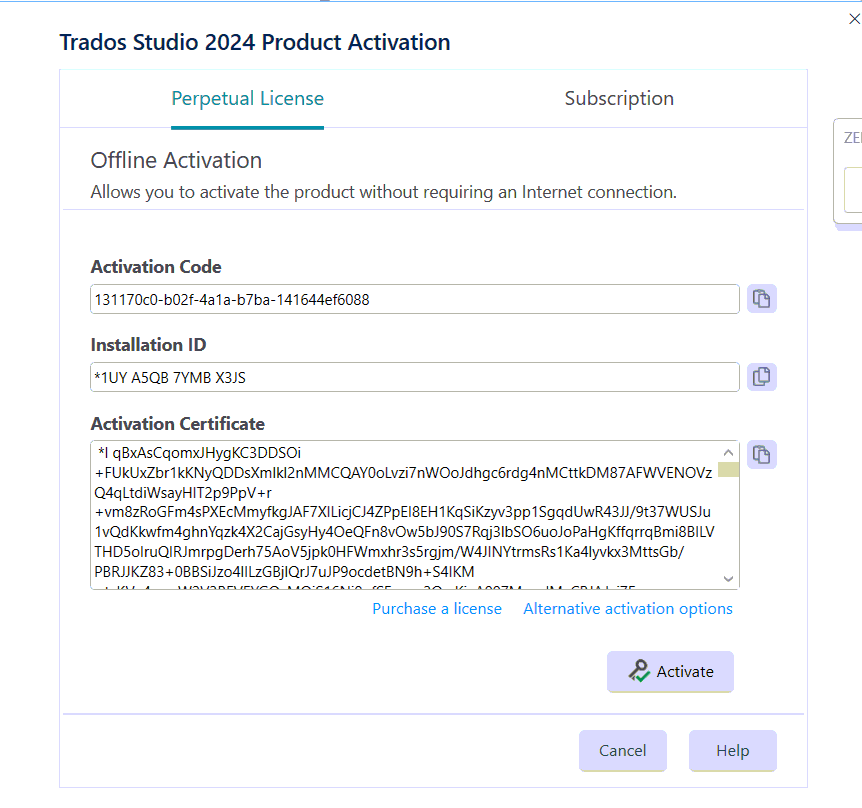 Trados Studio 2024 Product Activation window showing fields for Perpetual License, Offline Activation, Activation Code, Installation ID, and Activation Certificate. An 'Activate' button is at the bottom.