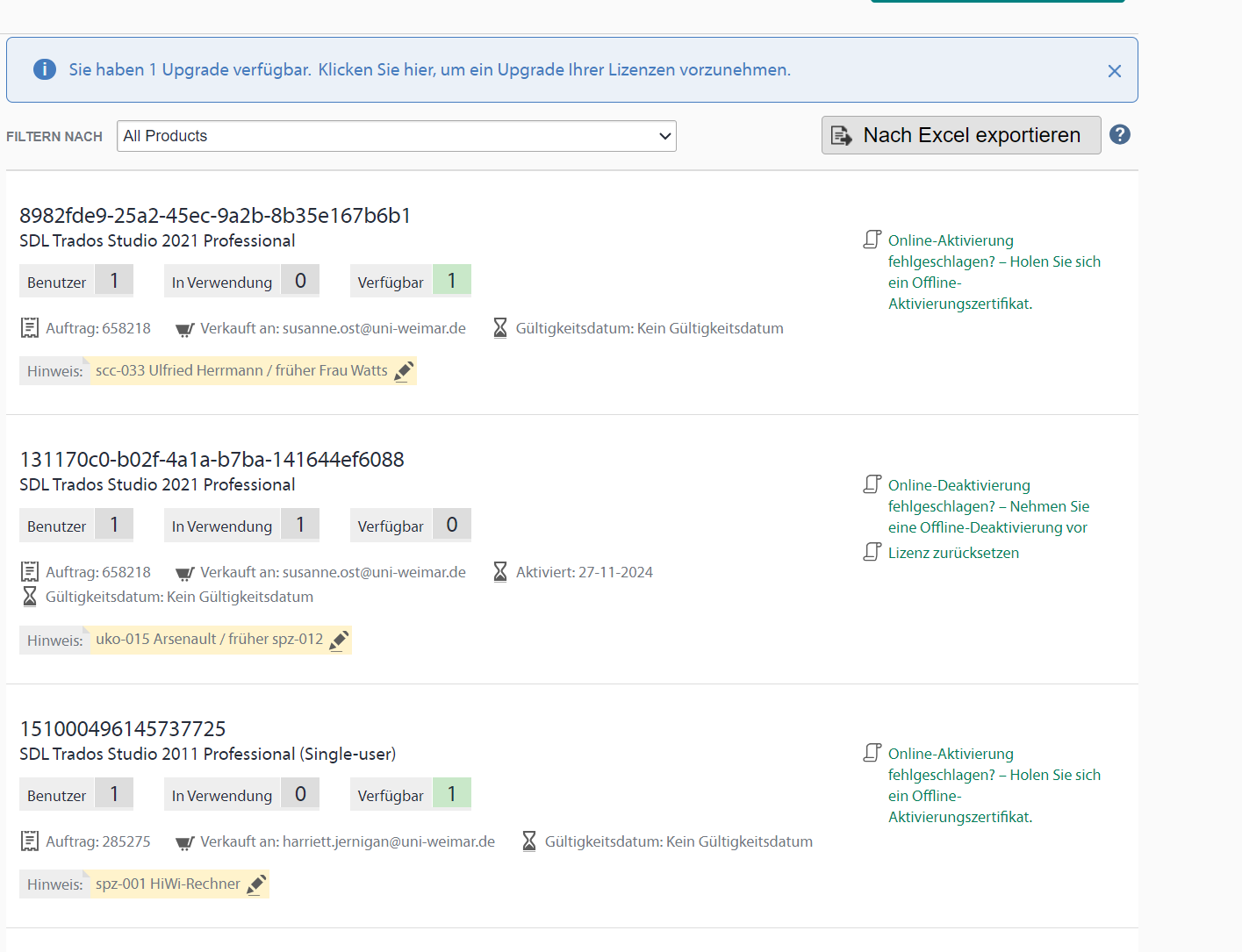 License management portal showing a list of SDL Trados Studio licenses with their status. The license in question is marked as 'In use' with no available activations.