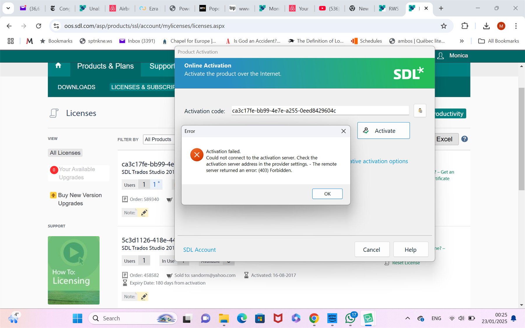 Screenshot of SDL Trados Studio 2019 activation error message stating 'Activation failed. Could not connect to the activation server. Check the activation server address in the provider settings. - The remote server returned an error: (403) Forbidden.'