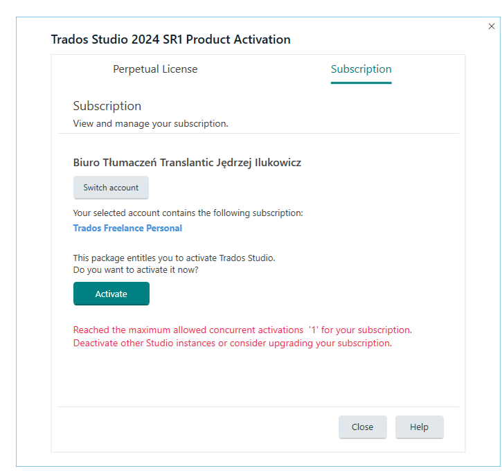 Trados Studio 2024 SR1 Product Activation window showing subscription details and an error message about reaching the maximum allowed concurrent activations for the subscription.