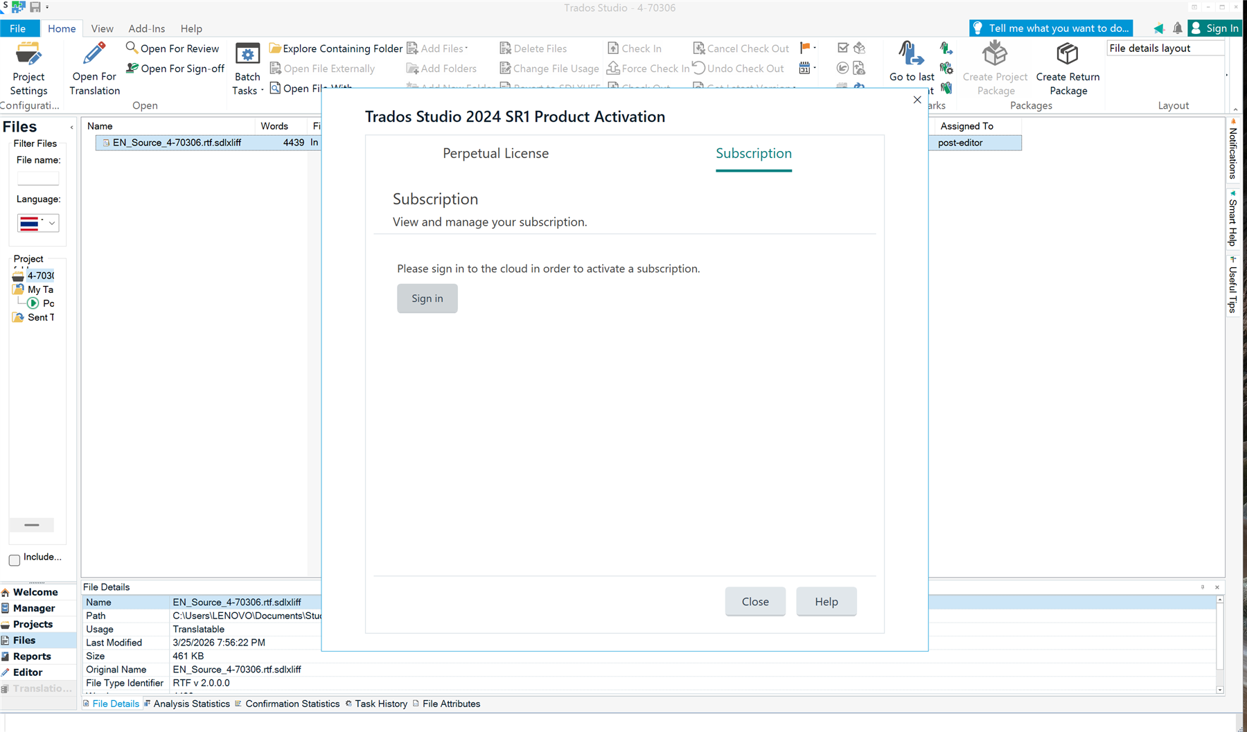Trados Studio 2024 SR1 Product Activation window showing a subscription tab with a message to sign in to the cloud to activate a subscription. Buttons for 'Sign in,' 'Close,' and 'Help' are visible.
