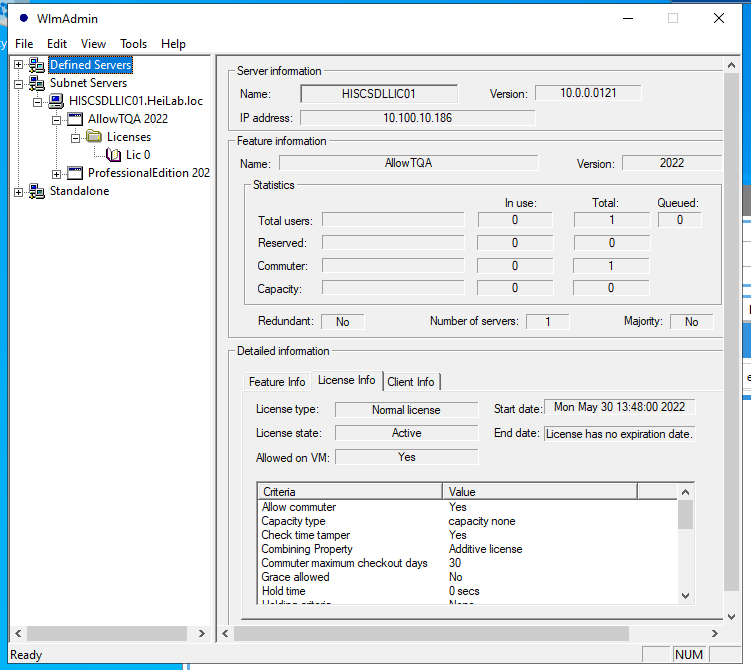 WlmAdmin window showing server information for HISCSDLLC01 with IP 10.100.10.186, feature AllowTQA version 2022, and license details including active normal license with no expiration date.