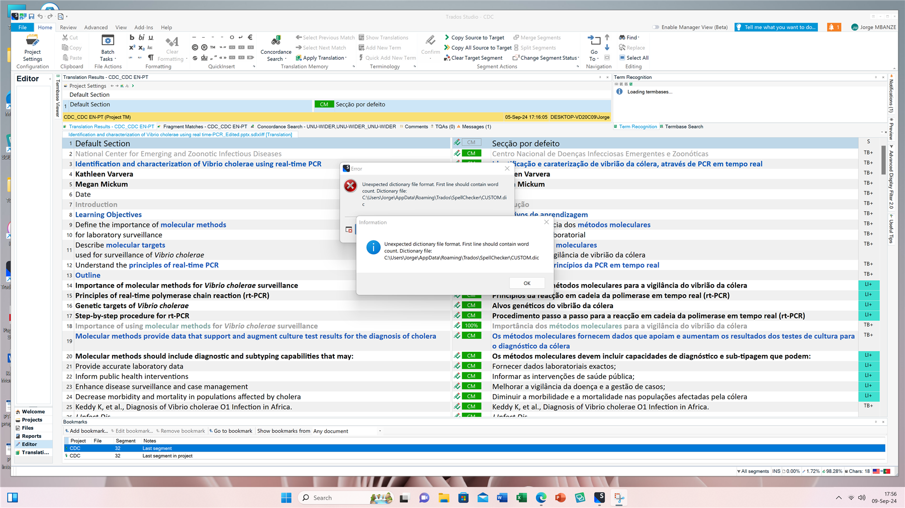Screenshot of a translation software interface with an error message pop-up. The message reads 'Unexpected dictionary file format. First line should contain word count. Dictionary file: CUsersJorgeAppDataRoamingTradosSpellCheckerCUSTOM.dic'. The background shows a document about Vibrio cholerae surveillance.