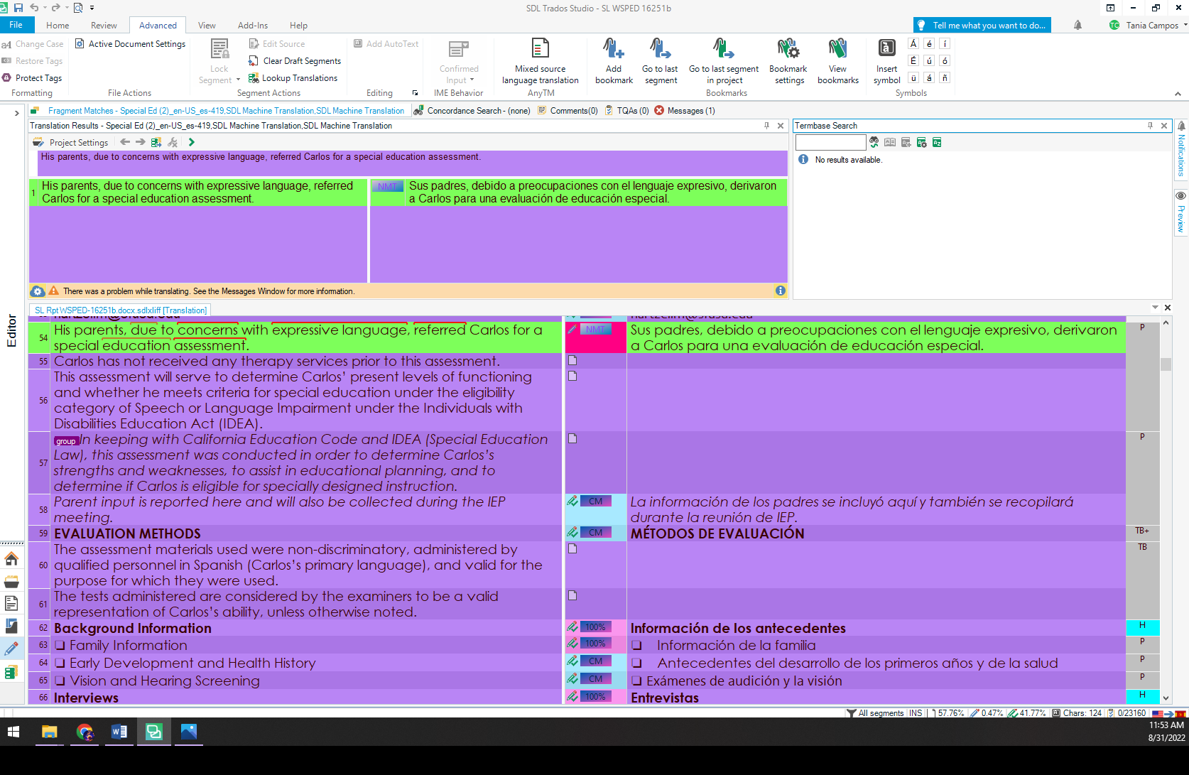 Screenshot of Trados Studio 2019 with a Spanish to English translation project open. A warning message 'There was a problem while translating. See the Messages Window for more information.' is visible at the bottom. The TermBase Search panel on the right shows 'No results available.'