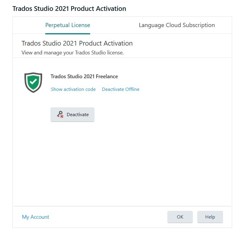 Screenshot of Trados Studio 2021 Product Activation page showing a green checkmark indicating successful activation of Trados Studio 2021 Freelance with options to show activation code, deactivate offline, and a deactivate button.