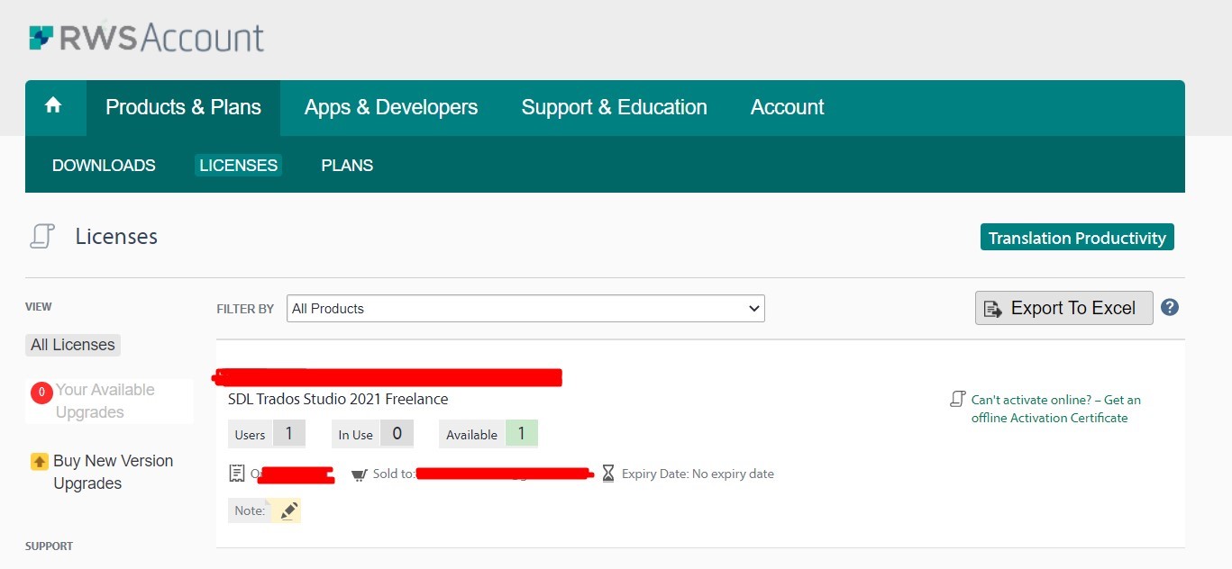 Screenshot of RWS Account Licenses page showing SDL Trados Studio 2021 Freelance with 1 user, 0 in use, 1 available, and no expiry date. Personal information is redacted.