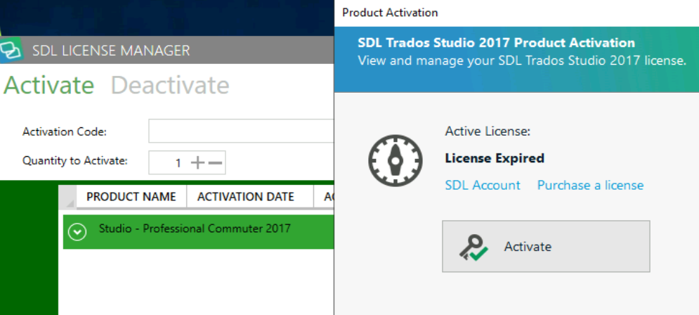 SDL License Manager window with options to Activate or Deactivate. Activation Code field is empty. Below is a list with Product Name 'Studio - Professional Commuter 2017' and its Activation Date.