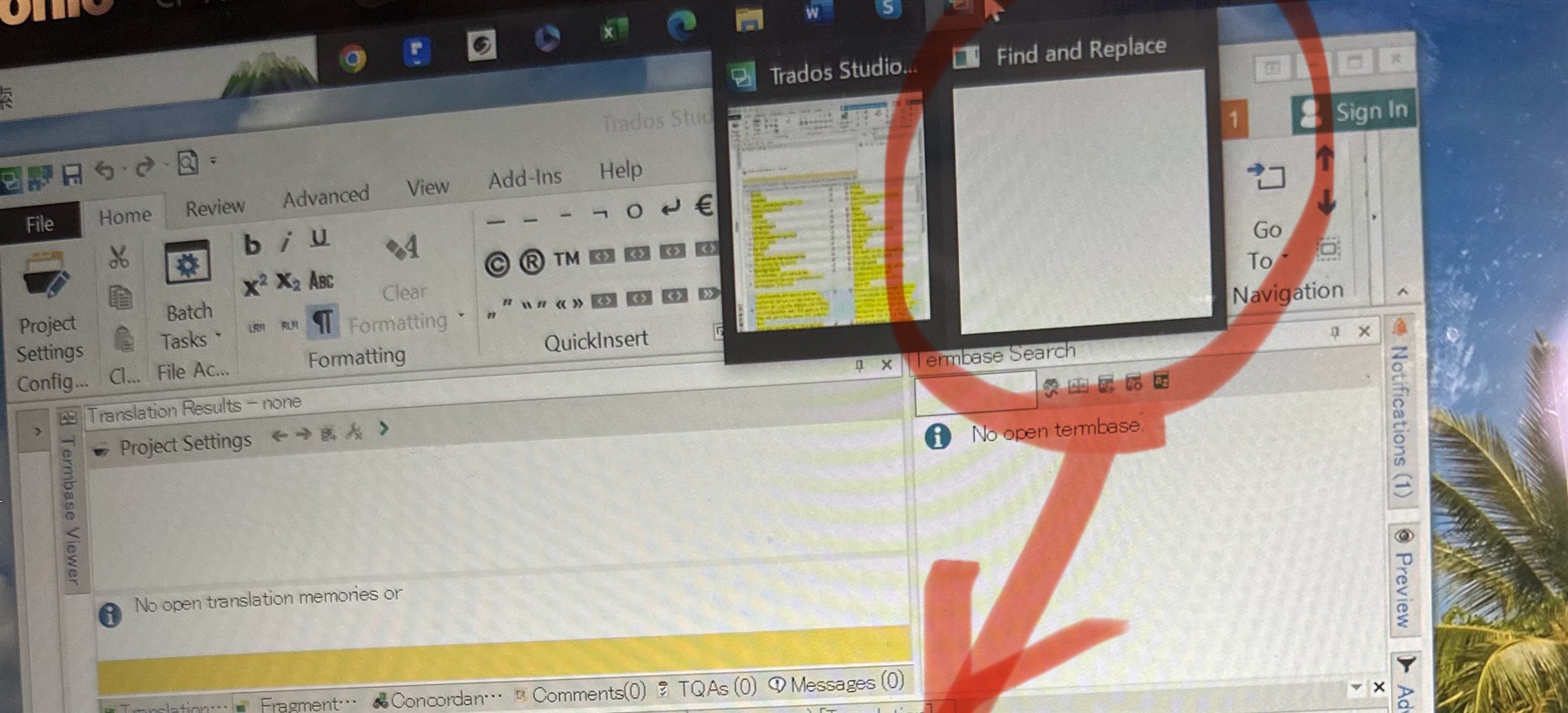 Screenshot of a software interface with a 'Find and Replace' window open. The main window shows 'No open translation memories or term bases' message. A red scribble obscures part of the image.