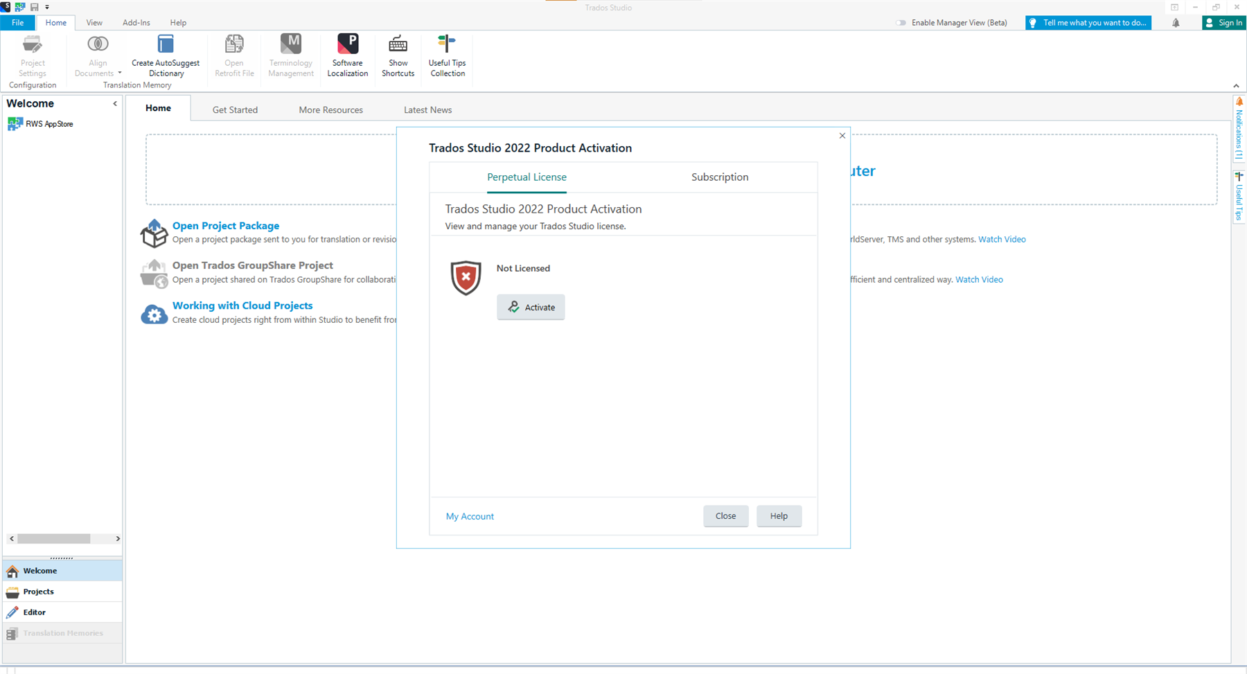 Screenshot of Trados Studio 2022 with a Product Activation window showing a 'Not Licensed' error and an 'Activate' button.