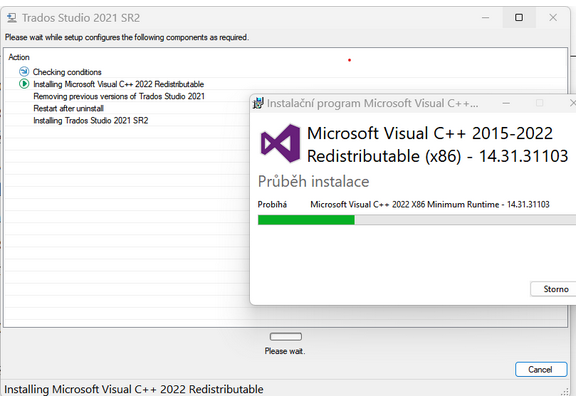 Installation window of Trados Studio 2021 SR2 showing progress: Installing Microsoft Visual C++ 2022 Redistributable, with a sub-window indicating Microsoft Visual C++ 2015-2022 Redistributable (x86) - 14.31.31103 installation in progress.