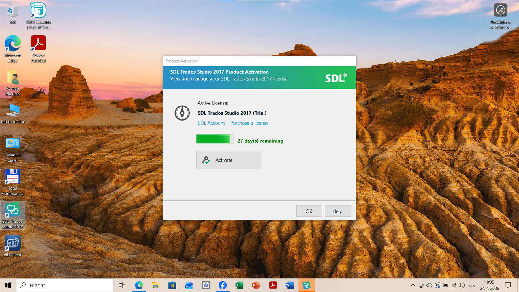 Desktop screenshot showing SDL Trados Studio 2017 Product Activation window with 27 days remaining on the trial license and options to activate, purchase a license, or view SDL account.