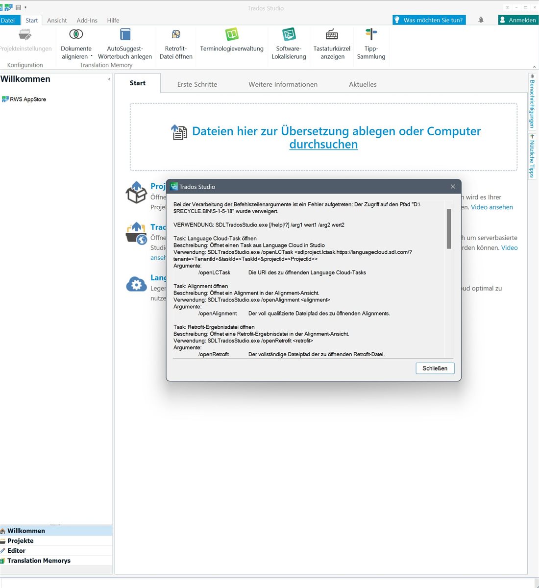 Error message in Trados Studio stating 'The access to the path 'D:...SDL Trados StudioProjects...' is denied'.