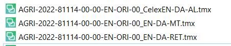 Three TMX file icons labeled AGR1-2022-81114-00-00-EN-ORI-00_CeleXEN-DA-AL.tmx, AGR1-2022-81114-00-00-EN-ORI-00_EN-DA-MT.tmx, and AGR1-2022-81114-00-00-EN-ORI-00_EN-DA-RET.tmx.