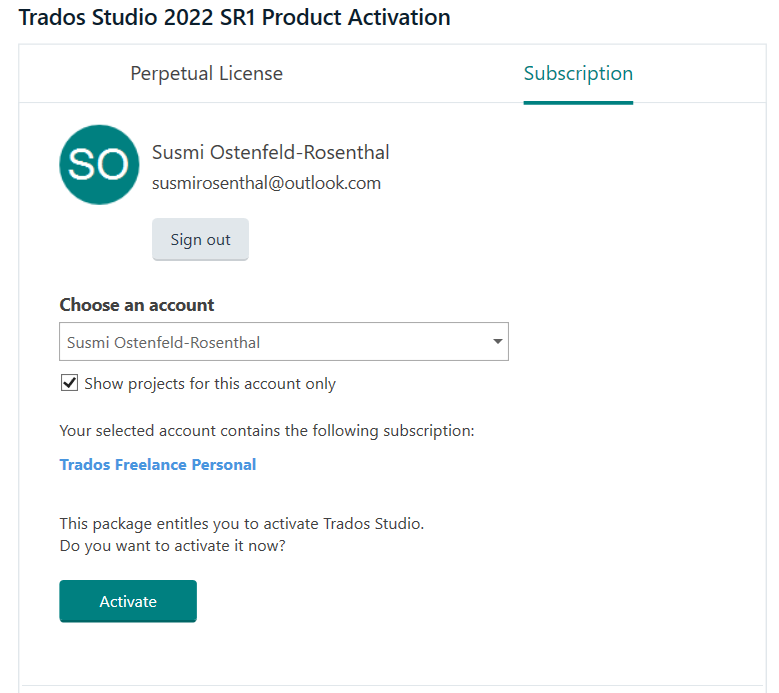 Trados Studio 2022 SR1 Product Activation window under Subscription tab showing user Susmi Ostenfeld-Rosenthal's account with an option to activate Trados Freelance Personal subscription.