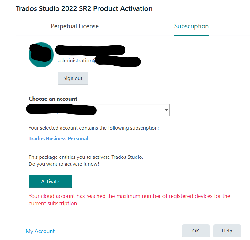 Trados Studio 2022 SR2 Product Activation screen showing a subscription tab. A message in red states: Your cloud account has reached the maximum number of registered devices for the current subscription.