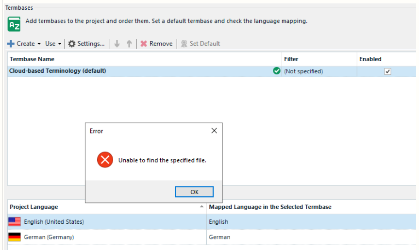 Trados Studio Termbases window showing an error message 'Unable to find the specified file' when trying to add a local Termbase glossary.