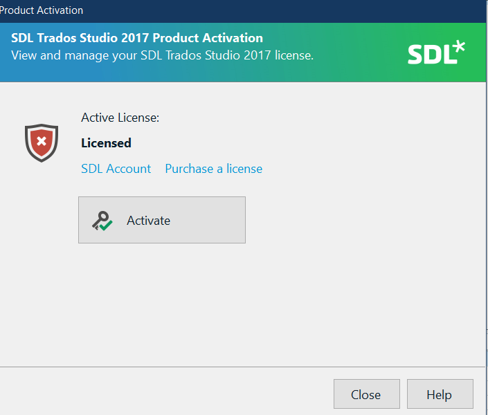 SDL Trados Studio 2017 Product Activation window with a red 'X' indicating an issue, showing 'Active License: Licensed' with options for SDL Account and Purchase a license, and an 'Activate' button.