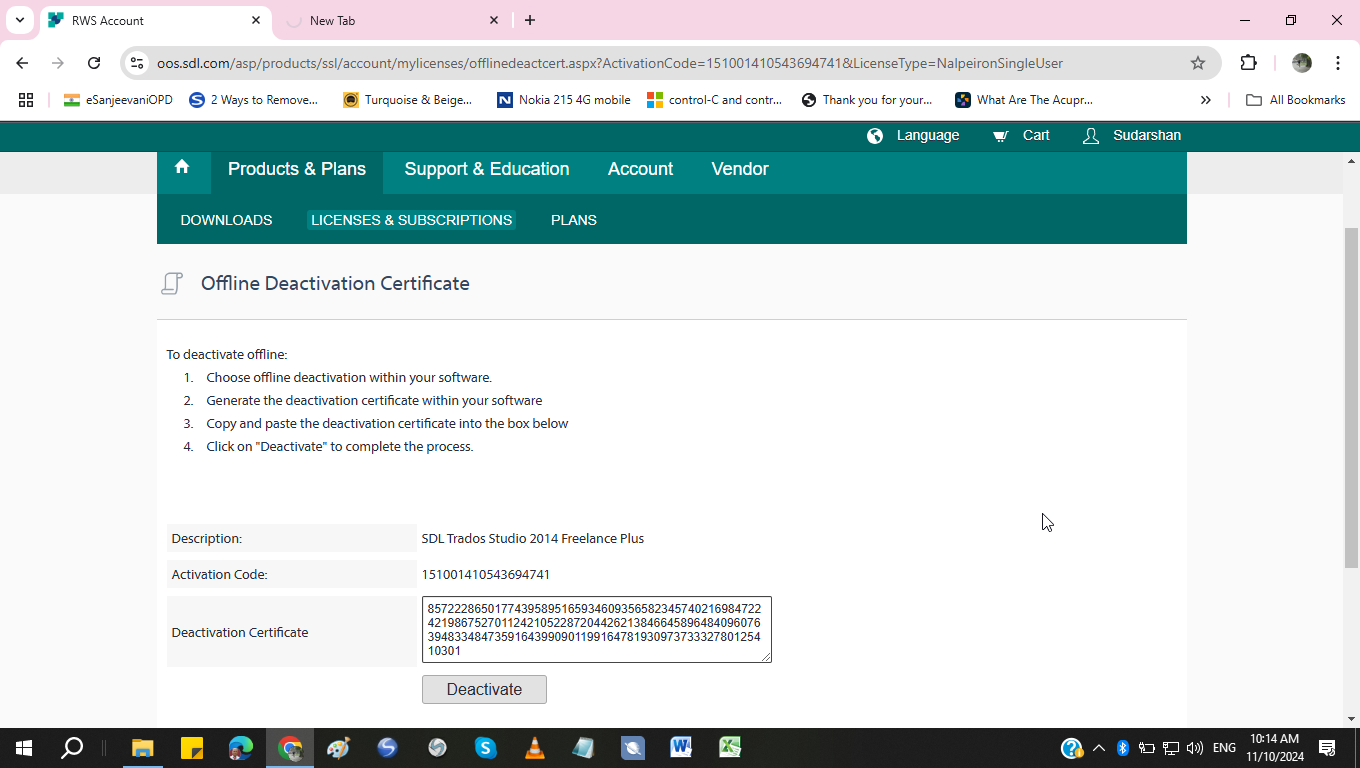 Screenshot of an RWS Account Offline Deactivation Certificate page with instructions for deactivating offline. It shows a description for SDL Trados Studio 2014 Freelance Plus, an activation code, and a deactivation certificate filled in a text box with a 'Deactivate' button below.