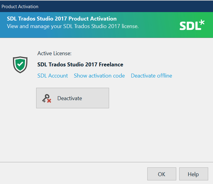 SDL Trados Studio 2017 Product Activation window showing an active license for SDL Trados Studio 2017 Freelance with options for SDL Account, Show activation code, and Deactivate offline. A Deactivate button with a key icon is also visible.