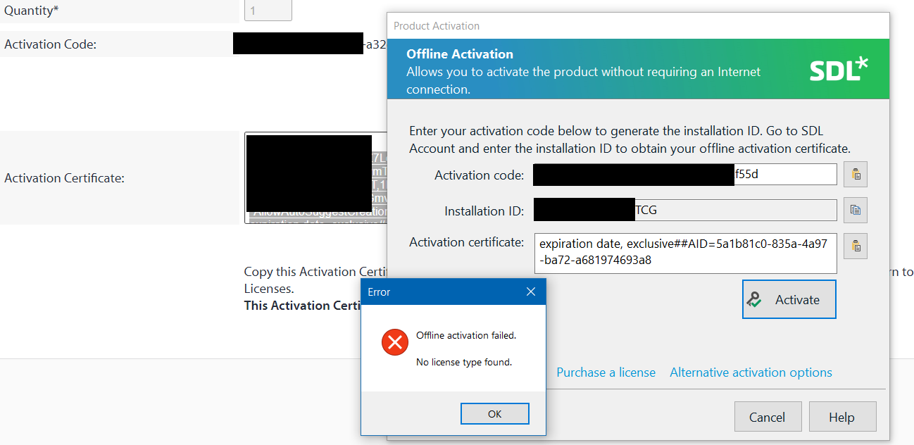 Trados Studio offline activation error dialog box showing 'Offline activation failed. No license type found.' with an OK button.